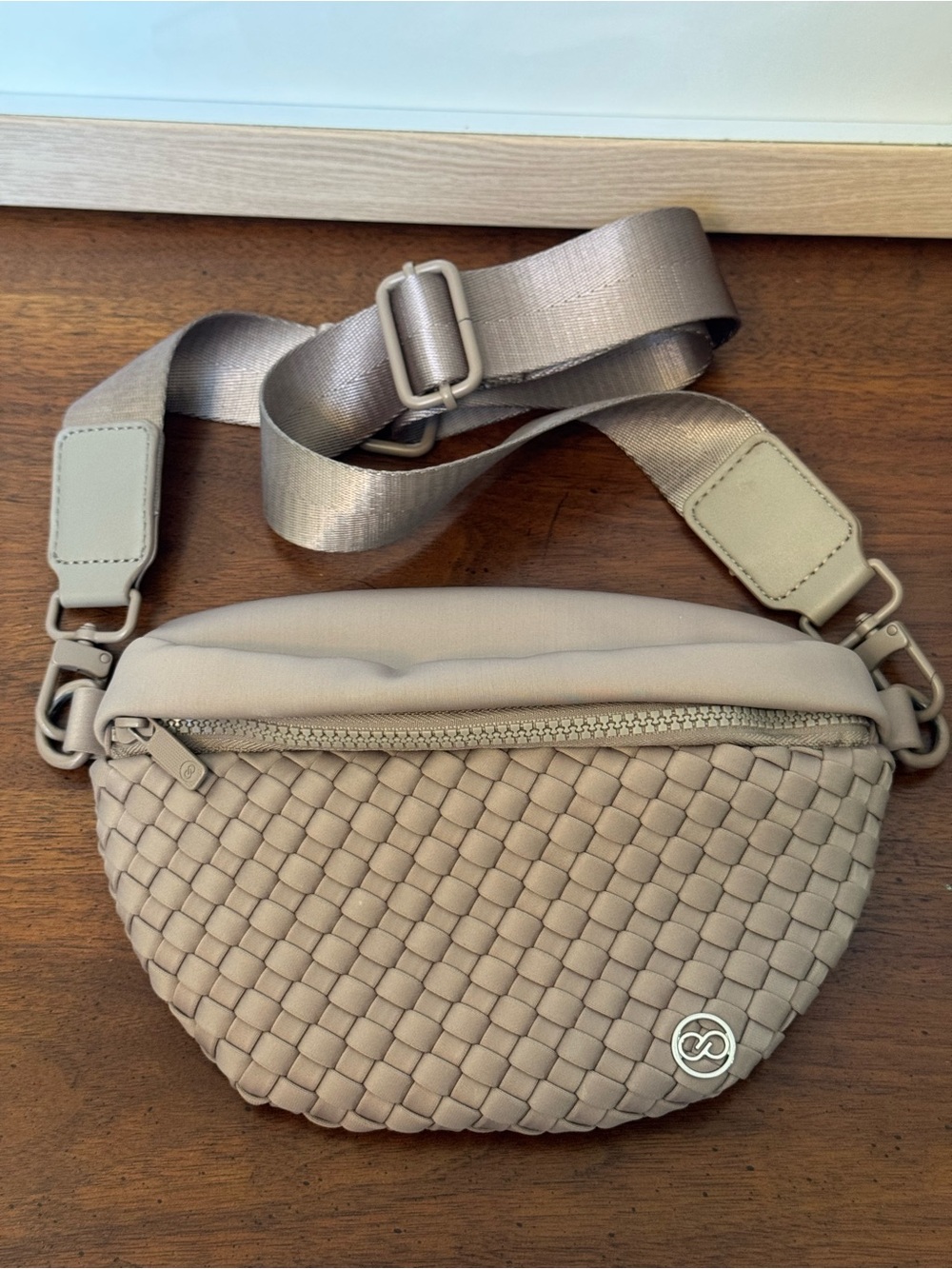 Calia Woven Front Crossbody Belt Bag in Taupe